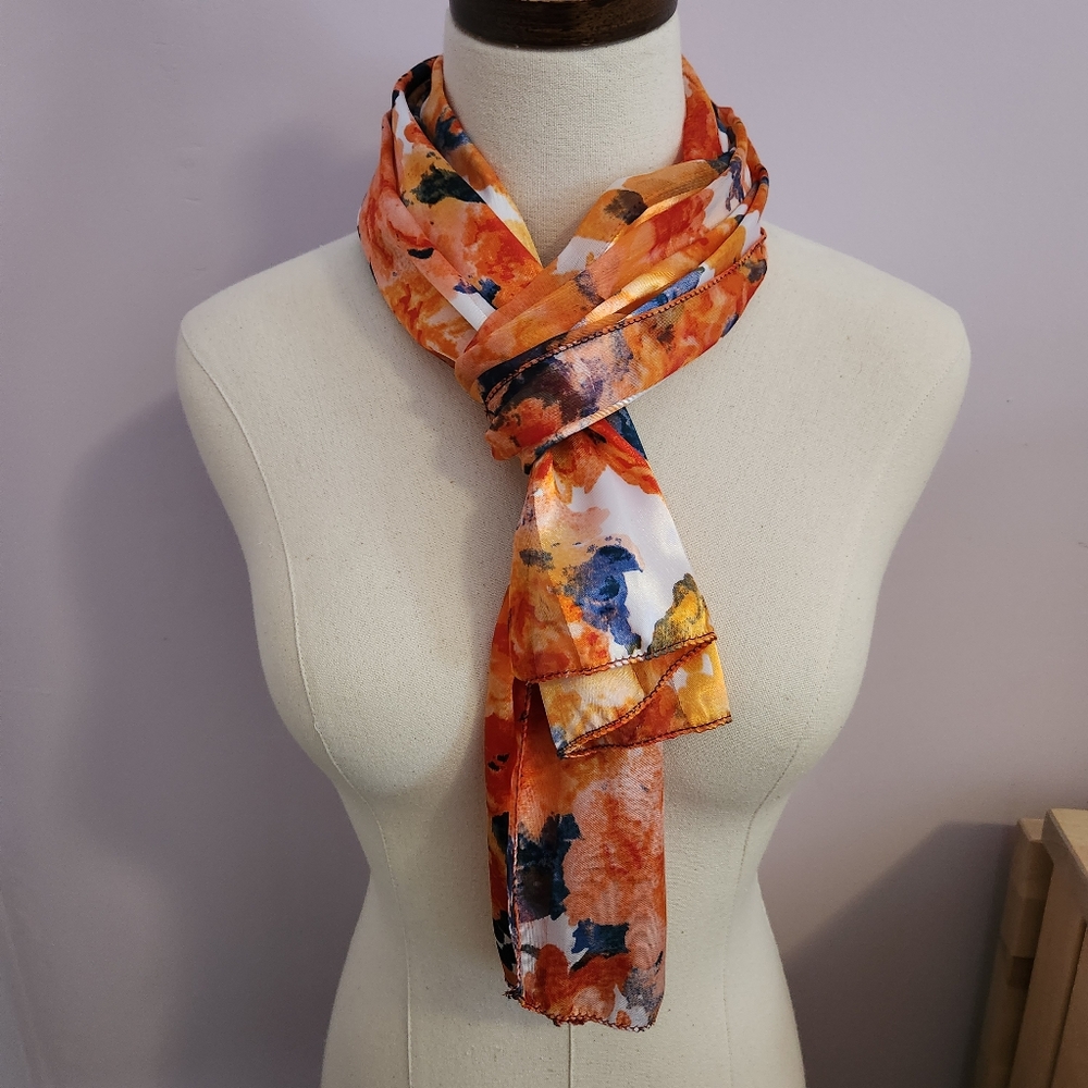 Orange & Navy Watercolor Lightweight Scarf Sarong Swim coverup